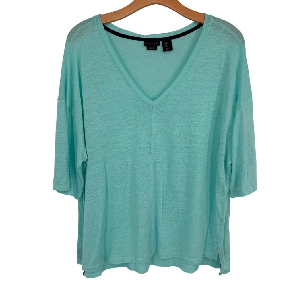 Tahari Womens V-Neck Aqua Blue 100% Linen knit Loose Fit Top knit Size Large